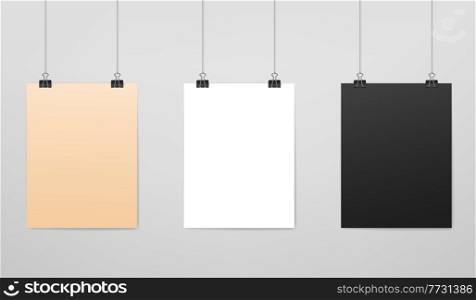 Hanging paper poster mockups, realistic sheets with strings, vector board frames. Photo gallery posters or exhibition blank pictures hanging on wall, white and black board or canvas frames on clips. Paper posters mockups, hanging realistic sheets