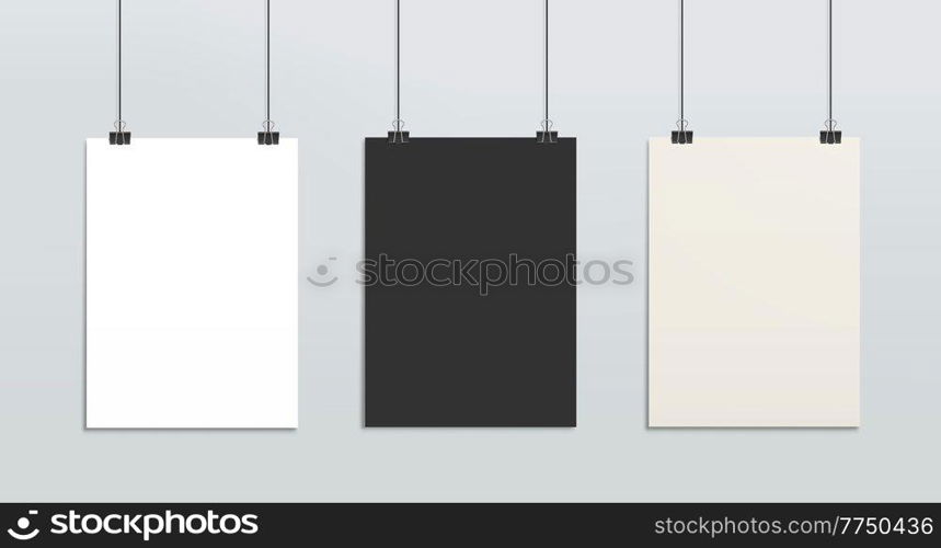 Hanging paper posters mockup, realistic sheets of paper on strings, photo gallery vector 3d blank mock up. Black and white isolated empty vertical boards, frames for gallery pictures, photo or message. Hanging paper posters mockup, realistic sheets