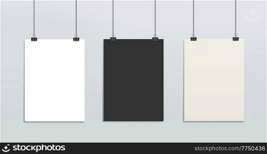 Hanging paper posters mockup, realistic sheets of paper on strings, photo gallery vector 3d blank mock up. Black and white isolated empty vertical boards, frames for gallery pictures, photo or message. Hanging paper posters mockup, realistic sheets