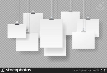Hanging posters. Realistic blank photo frames mockup, white empty signboards isolated on transparent background. Vector illustration mock up paper signs with shadows set. Hanging posters. Realistic blank photo frames mockup, white empty signboards isolated on transparent background. Vector paper signs set