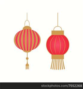 Hanging red lantern with golden stripes on white. Chinese cultural lamp for New Year, colorful holiday tradition ornament in flat style vector isolated. Hanging Lantern with Golden Stripes Vector Isolated