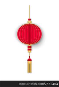 Hanging red paper lantern in realistic style isolated on white with shadow. Classic Chinese decoration for New Year, 3d japanese lamp vector icon. Hanging Red Paper Lantern, Icon with Shadow Vector