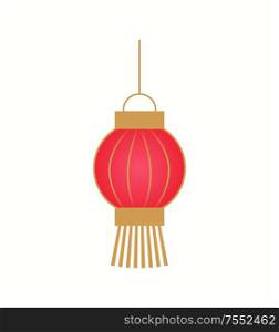 Hanging red paper lantern with golden stripes in flat style isolated on white. Classic Chinese decoration for New Year, single colorful ornament vector. Hanging Red Lantern with Golden Stripes Vector