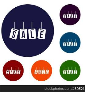 Hanging sales tags icons set in flat circle reb, blue and green color for web. Hanging sales tags icons set