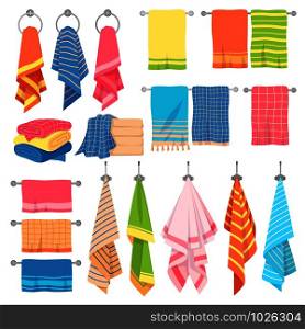 Hanging towels. Hang fabric soft color fresh textile kitchen or bath towel vector isolated set with checkered clean stacked elements. Hanging towels. Hang fabric soft color fresh textile kitchen or bath towel vector isolated set with checkered elements