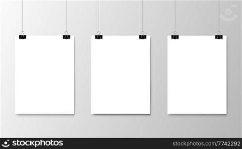 Hanging white paper posters mockup. Realistic sheets of paper on strings. Gallery exhibition, business presentation or shop showcase 3d vector blank posters, frames hanging on black binder paper clips. Hanging white paper posters, paper sheets mockup