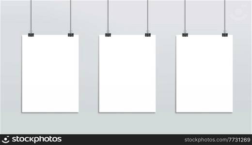 Hanging white paper posters mockup, realistic white sheets of paper on strings, photo gallery. Vector 3d blank mock up. isolated empty vertical boards, frame for picture, photo, message hang on clips. Hanging white paper posters mockup, vector frames
