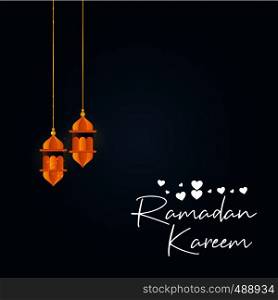 Hangning Lantern with Creative Ramadan Kareem Heart Typography Background