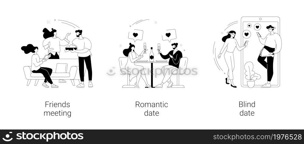 Hangouts abstract concept vector illustration set. Friends meeting, romantic blind date, leisure time, soul mate, romantic relationship, love story, Valentine day, restaurant abstract metaphor.. Hangouts abstract concept vector illustrations.