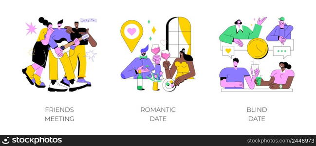 Hangouts abstract concept vector illustration set. Friends meeting, romantic blind date, leisure time, soul mate, romantic relationship, love story, Valentine day, restaurant abstract metaphor.. Hangouts abstract concept vector illustrations.