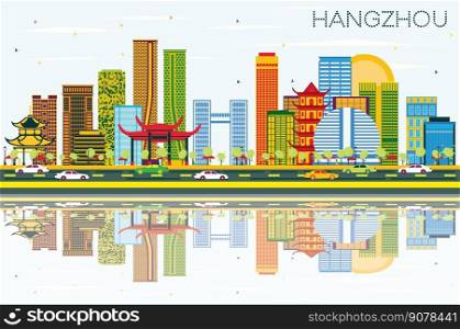 Hangzhou China Skyline with Color Buildings, Blue Sky and Reflections. Vector Illustration. Business Travel and Tourism Concept with Modern Architecture. Hangzhou Cityscape with Landmarks.
