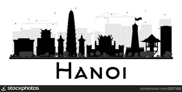 Hanoi City skyline black and white silhouette. Vector illustration. Simple flat concept for tourism presentation, banner, placard or web site. Business travel concept. Cityscape with famous landmarks