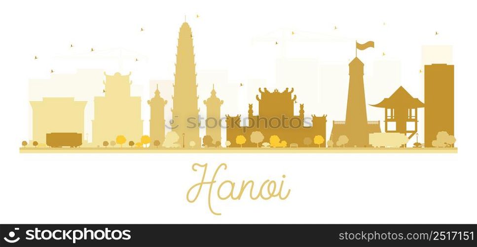 Hanoi City skyline golden silhouette. Vector illustration. Simple flat concept for tourism presentation, banner, placard or web site. Business travel concept. Cityscape with famous landmarks