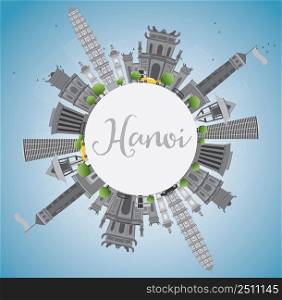 Hanoi skyline with gray Landmarks, blue sky and copy space. Vector illustration. Business and tourism concept with copy space. Image for presentation, banner, placard or web site