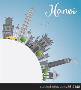 Hanoi skyline with gray Landmarks, blue sky and copy space. Vector illustration. Business and tourism concept with copy space. Image for presentation, banner, placard or web site