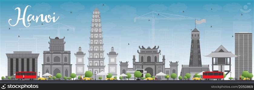 Hanoi skyline with grey Landmarks and blue sky. Vector illustration. Business and tourism concept with buildings. Image for presentation, banner, placard or web site