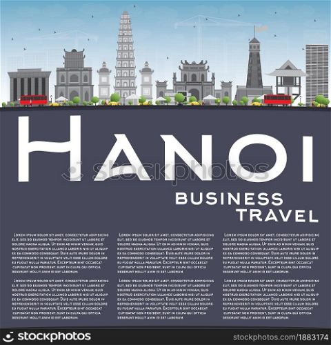 Hanoi skyline with grey Landmarks, blue sky and copy space. Vector illustration. Business and tourism concept with copy space. Image for presentation, banner, placard or web site