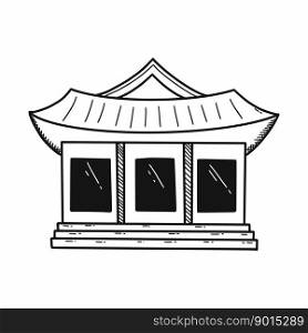 Hanok. Traditional Korean house. East Asian culture. Vector doodle illustration. Sketch. Architecture of city.