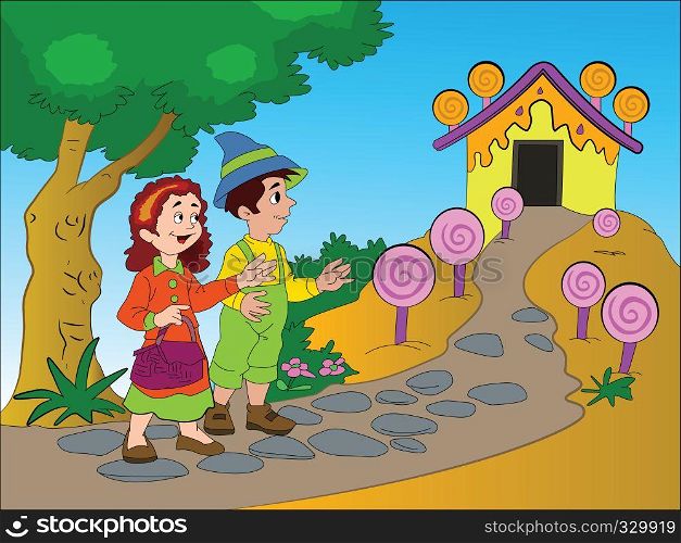 Hansel and Gretel Finding a Gingerbread House, vector illustration