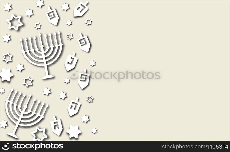 Hanukkah background with holiday candles, dreidels, Hebrew letters and David stars. Modern paper cut design for Jewish Festival of light. Vector illustration with place for your text. Hanukkah background paper cut design