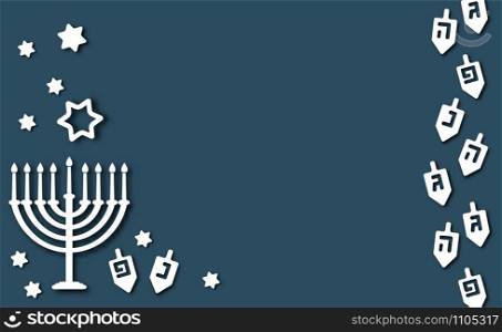Hanukkah background with holiday candles, dreidels, Hebrew letters and David stars. Modern paper cut design for Jewish Festival of light. Vector illustration with place for your text. Blue Hanukkah background