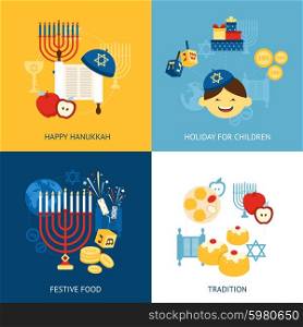 Hanukkah design concept set with religious tradition flat icons set isolated vector illustration. Hanukkah Design Concept