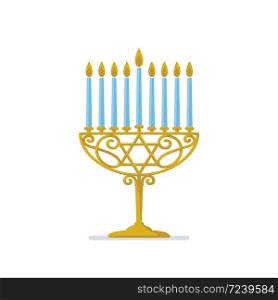 Hanukkah gold menorah. Jewish holiday. Hanukkah gold Menorah with blue candles on white Background. Vector illustration. Hanukkah gold menorah. Jewish holiday. Hanukkah gold Menorah with blue candles on white Background.