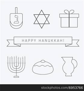 "Hanukkah holiday flat design black thin line icons set with text in english "Happy Hanukkah". Vector eps10 illustration."