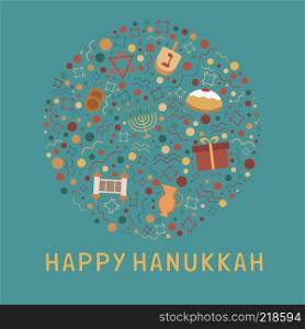 Hanukkah holiday flat design icons set in round shape with text in english "Happy Hanukkah".