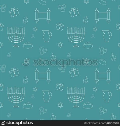 Hanukkah holiday flat design white thin line icons seamless pattern. Vector eps10 illustration.