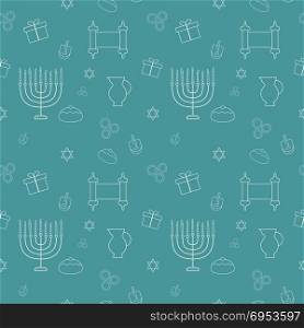 Hanukkah holiday flat design white thin line icons seamless pattern. Vector eps10 illustration.
