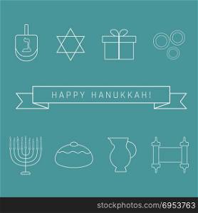 "Hanukkah holiday flat design white thin line icons set with text in english "Happy Hanukkah". Vector eps10 illustration."
