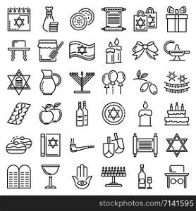 Hanukkah icon set. Outline set of hanukkah vector icons for web design isolated on white background. Hanukkah icon set, outline style