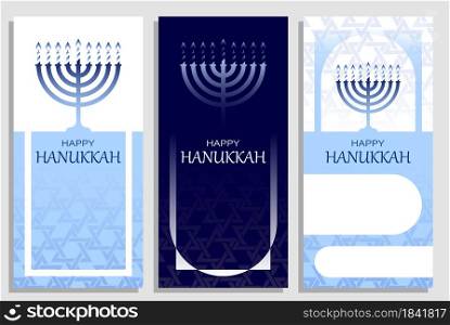 Hanukkah invitations with Menorah candle. Happy jewish holiday of Hanukkah. Set of templates for greeting cards, banners, brochures. Vector