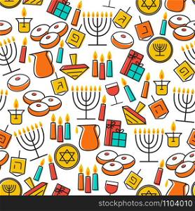 Hanukkah seamless pattern. Jewish Holiday Hanukkah symbol. Menorah (candlestick), candles, donuts (sufganiyan), gifts, dreidel, coins, oil. Happy Hannukah in Hebrew. Vector illustration. Hanukkah