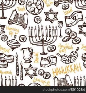 Hanukkah seamless pattern with hand drawn menorah torah and traditional food vector illustration. Hanukkah Seamless Pattern