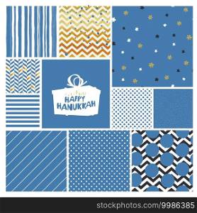 Hanukkah seamless patterns collection. Blue backgrounds with polka dots, lines, zigzag, chevron and golden stars  magen david . Happy Hanukkah typography on gift box silhouette, symbolic menora image.
