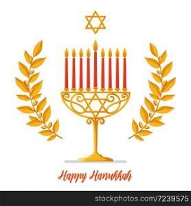 Hanukkah Vector card - Happy Hanukkah greeting inscription. Jewish holiday. Hanukkah gold Menorah with red candles, star of David and gold branches on white Background. Vector illustration. Hanukkah Vector card - Happy Hanukkah greeting inscription. Jewish holiday. Hanukkah gold Menorah with red candles, star of David and gold branches on white Background