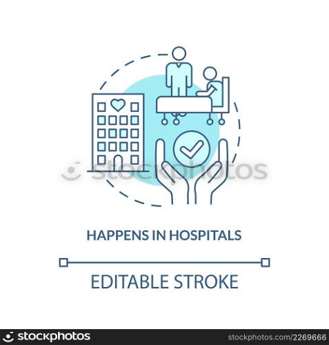 Happens in hospitals turquoise concept icon. Palliative care characteristic abstract idea thin line illustration. Isolated outline drawing. Editable stroke. Arial, Myriad Pro-Bold fonts used. Happens in hospitals turquoise concept icon