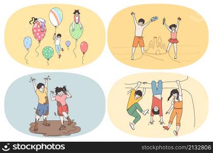 Happiness and leisure games in childhood concept. Set of happy kids children playing with balloons building sandy castles playing with dirt and hanging having fun vector illustration. Happiness and leisure games in childhood concept.