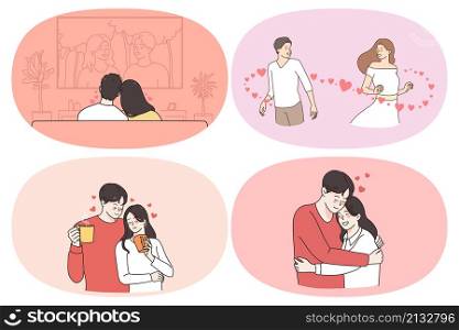 Happiness and weekend of couple concept. Set of young happy couples watching movie together dating drinking coffee hugging feeling in love vector illustration. Happiness and weekend of couple concept