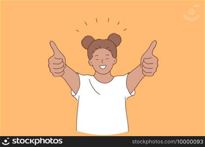 Happiness, happy childhood, positive emotion concept. Smiling cheerful girl african american standing and showing thumbs up signs with fingers over orange background vector illustration . Happiness, happy childhood, positive emotion concept