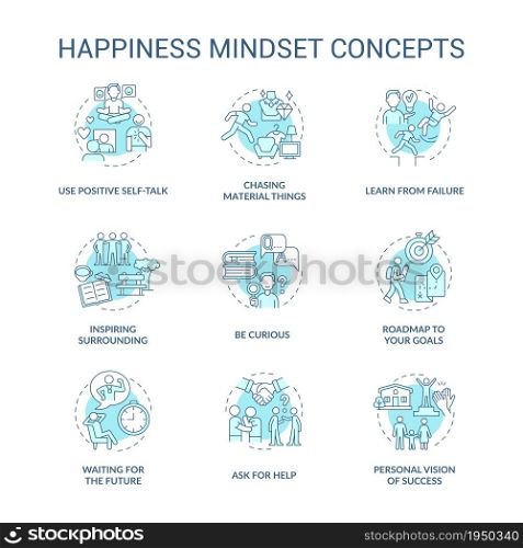 Happiness mindset blue concept icons set. Personal growth idea thin line color illustrations. Becoming happy. Self vision of success. Goal setting. Vector isolated outline drawings. Editable stroke. Happiness mindset blue concept icons set
