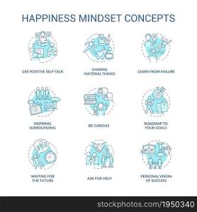 Happiness mindset blue concept icons set. Personal growth idea thin line color illustrations. Becoming happy. Self vision of success. Goal setting. Vector isolated outline drawings. Editable stroke. Happiness mindset blue concept icons set