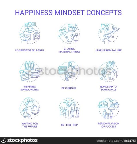 Happiness mindset blue gradient concept icons set. Personal growth idea thin line color illustrations. Becoming happy. Self vision of success. Goal setting. Vector isolated outline drawings. Happiness mindset blue gradient concept icons set