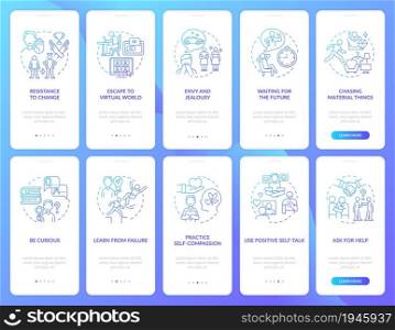 Happiness mindset blue gradient onboarding mobile app page screen set. Walkthrough 5 steps graphic instructions with concepts. UI, UX, GUI vector template with linear color illustrations. Happiness mindset blue gradient onboarding mobile app page screen set