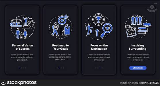 Happiness mindset components dark onboarding mobile app page screen. Walkthrough 4 steps graphic instructions with concepts. UI, UX, GUI vector template with linear night mode illustrations. Happiness mindset components dark onboarding mobile app page screen