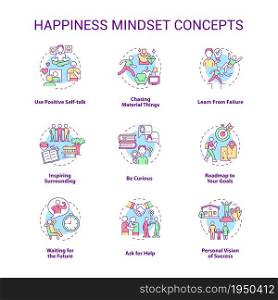 Happiness mindset concept icons set. Personal growth idea thin line color illustrations. Becoming happy. Self vision of success. Goal setting. Vector isolated outline drawings. Editable stroke. Happiness mindset concept icons set