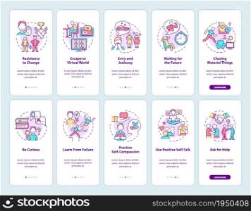 Happiness mindset onboarding mobile app page screen set. Obstacles and strategies walkthrough 5 steps graphic instructions with concepts. UI, UX, GUI vector template with linear color illustrations. Happiness mindset onboarding mobile app page screen set
