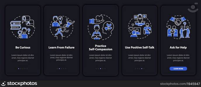 Happiness mindset strategies dark onboarding mobile app page screen. Walkthrough 5 steps graphic instructions with concepts. UI, UX, GUI vector template with linear night mode illustrations. Happiness mindset strategies dark onboarding mobile app page screen